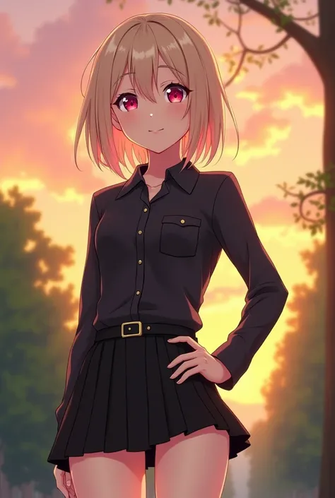  anime girl image (appearance:  pale blond hair,  pink eyes skin, pale skin,  With a flirty smile , with one hand on the hip) (Clothes:  black buttoned shirt with a belt,  short black skirt , pantimedias, black boots) (Environment: park during sunset )  2d...