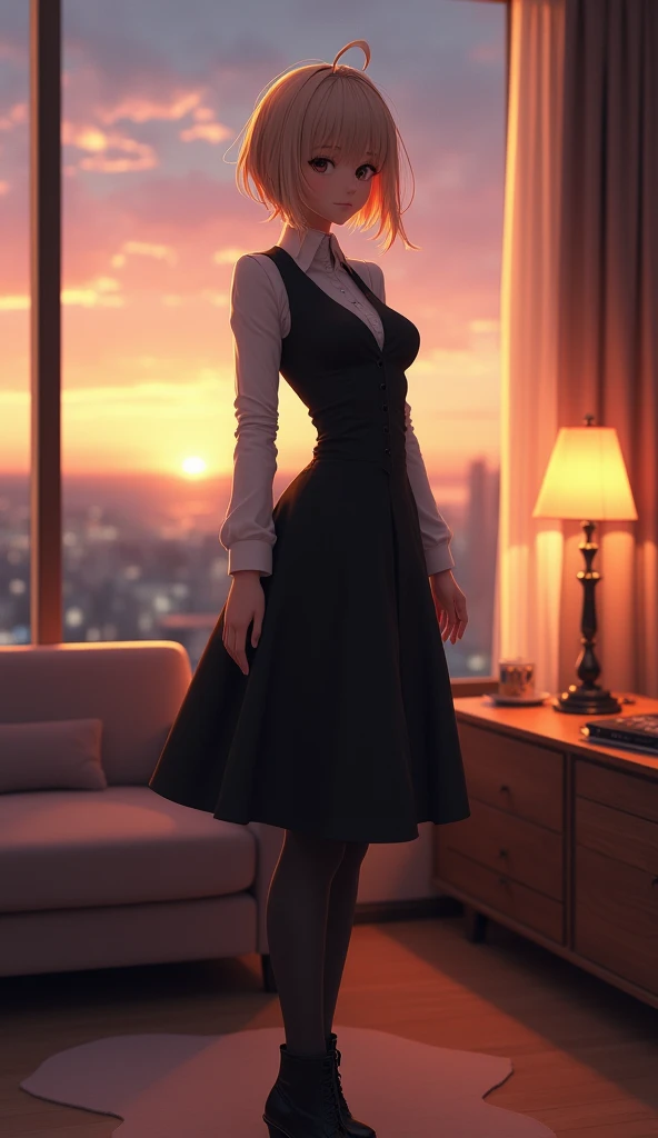  anime girl image (appearance= " short blond hair", "height: 180cm", " muscular build ") ( Clothes= "black formal dress", " tacones altos ", " black pantyhose" ) (Environment: Living room at dusk) 2d,  super detailed ,  Precise,  the best quality , 4k,  Ta...