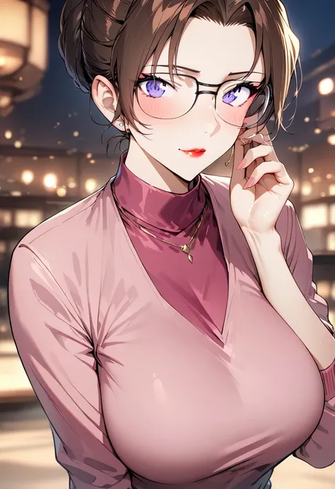 masterpiece,best quality,absurdres,highres icon,safe,(breathtaking mature beauty,intellectual and elegant,luminous pink sweater,brown hair,wearing glasses,ultra-clear,exquisite facial features,ultra-detailed,bokeh),kisaki