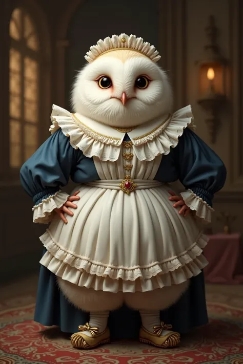 photorealistic portrait of Dressed animals - a ((fat)) (baby white owl) maid, (art by Giuseppe Arcimboldo:1.2),(full body image:1.5),(furry),(happy smile),(hands on hips:1.5), ,(intricate detailed (Lolita Fashion:1.5), highly detailed clothes ,ruffle headb...