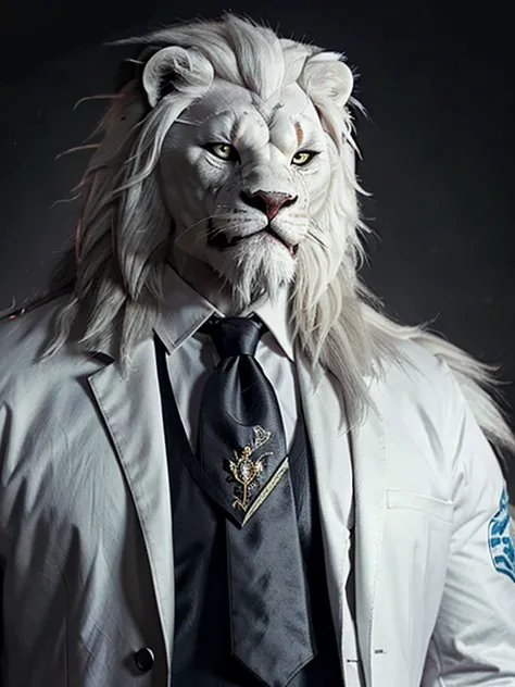  Lion Shape ，White Lion ，Lion Orc， Cartoon Personalization ， White Hair， Strong and Magnificent ，majesty， King Style ，Face Exquisite ，Hair Detail ， black background，Suits， Duty White Collar ，tie