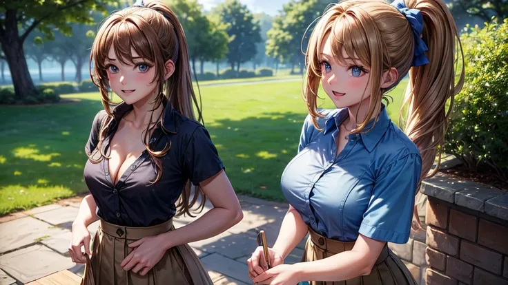 1girl, summer, trees, house, fantasy landscape, water, light brown hair, long hair, ponytail, large full breasts, dark blue eyes, ((blue shirt)), ((short sleeved shirt)), ((unbuttoned shirt)), ((unbuttoning shirt)), (cleavage), skirt, smile, laugh, looking...