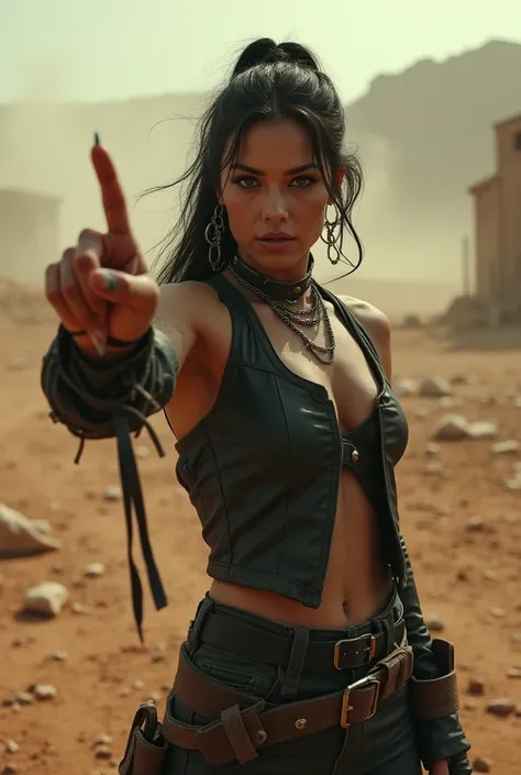 In a dusty, ravaged landscape, a striking female outlaw stands tall, her piercing gaze challenging the viewer's authority. Her rugged features are accentuated by a faint dusting of dirt and grime, adding to her enigmatic allure. The camera captures her dra...