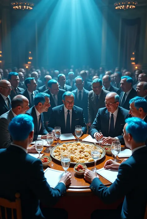 In a well-lit room with toxas and reflectors, In the center, men and women with large  , Fluorescent blue-haired people gather around a table filled with crystal glasses ,  with lots of drinks and food to sign a document while a crowd celebrates in the sur...