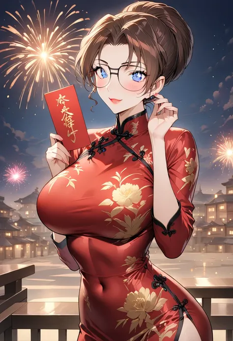 masterpiece,best quality,absurdres,highres icon,safe,Wearing glasses,a beautiful girl,brown hair,fireworks background,colorful,night,smiling girl,sweet atmosphere,focus on the girl,wearing a red Chinese cheongsam,beautiful face,blue eyes,ultra hd,streets,c...