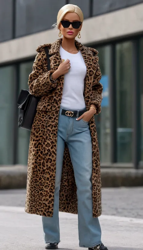 Barbie in a leopard print coat and jeans walking down a stunning fashion runway, wearing a duster coat, wearing a long coat, long coat, by Niko Henrichon, wearing animal skin clothes, stylish coat for a rave, ultra realistic spotted , she is wearing street...