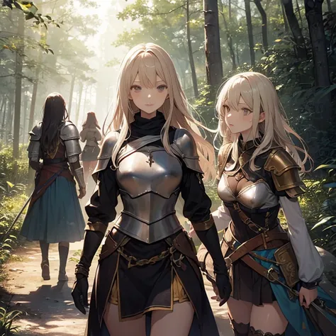 A group of  female medieval fantasy adventurers, (in forest), various hair styles, harem, night, details face, short skirt, seducing, sleeveless, armor,