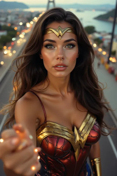 A stunning cinematic picture of the caracter Wonder-Woman, Full body shot, from the front, looking at and talking with a camera, with her magic golden cord shining brightly, looking at the camera, ((high angle)), fish-eye lens, close up on face, pretty, sp...