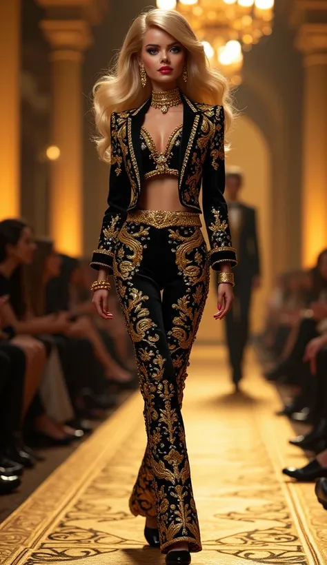  Barbie walks down a stunning fashion runway wearing a black jacket and gold necklace on the runway,  encrusted with jewels ,  gold details !,  gold details , Golden suit,  golden chains , black and gold, using chains,  golden chains ,  gold details , belt...