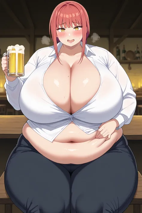 Makima, Makima,  long hair、bangs、 shirt、 Long Sleeve, yellow eyes, white  shirt、 braided 、 thighs、Red Hair, collared  shirt、 shirtの中の紫色のブラジャー, black pants ,gigantic breasts,enormous breasts,cleavage,clavicle,Sloppy belly fat, wide open mouth,I'm burping ou...