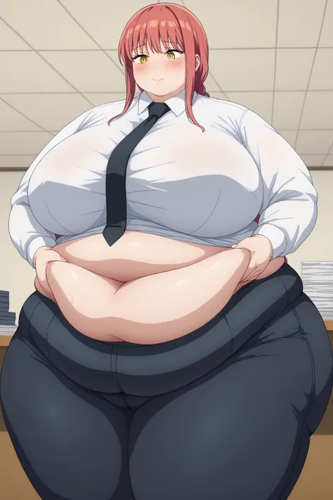 Makima, Makima,  long hair、bangs、 shirt、 Long Sleeve, yellow eyes, white  shirt、 braided 、 thighs、Red Hair、 ties, collared  shirt、 black pants 、black  ties,gigantic breasts,enormous breasts,Sloppy belly fat, pinch belly fat with both hands, company office ...