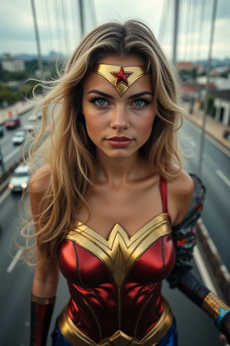 A stunning cinematic picture of the Beautiful young   girl dressed as caracter Wonder-Woman, Full body shot, from the front, (skinny slim petite body, skinny athletic toned body, looking at and talking with a camera, with her magic golden cord shining brig...