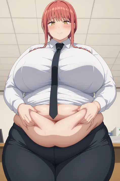 Makima, Makima,  long hair、bangs、 shirt、 Long Sleeve, yellow eyes, white  shirt、 braided 、 thighs、Red Hair、 ties, collared  shirt、 black pants 、black  ties,gigantic breasts,enormous breasts,Sloppy belly fat, pinch belly fat with both hands, company office ...