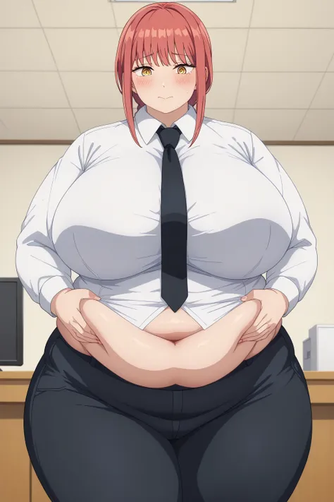 Makima, Makima,  long hair、bangs、 shirt、 Long Sleeve, yellow eyes, white  shirt、 braided 、 thighs、Red Hair、 ties, collared  shirt、 black pants 、black  ties,gigantic breasts,enormous breasts,Sloppy belly fat, pinch belly fat with both hands, company office ...