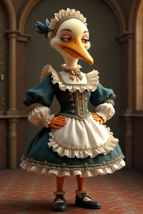 photorealistic portrait of Dressed animals - a ((fat)) chibi baby(pelican) maid, (art by Giuseppe Arcimboldo:1.2),(full body image:1.5),(furry),(happy smile),(hands on hips:1.5), ,(intricate detailed (Lolita Fashion:1.5), highly detailed clothes ,ruffle he...