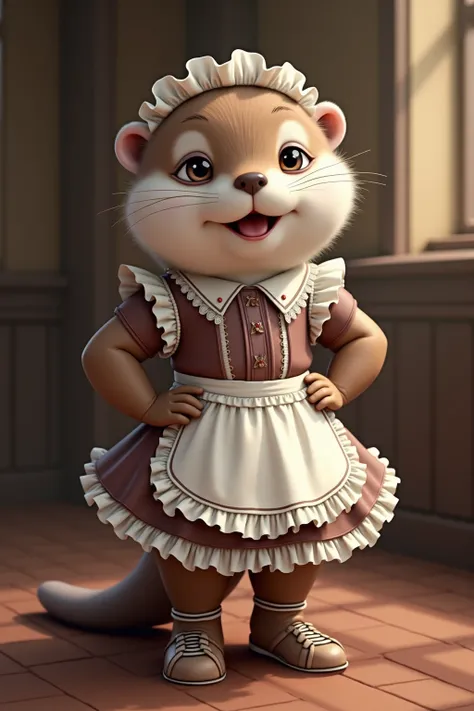 photorealistic portrait of Dressed animals - a ((fat)) chibi baby(otter) maid, (art by Giuseppe Arcimboldo:1.2),(full body image:1.5),(furry),(happy smile),(hands on hips:1.5), ,(intricate detailed (Lolita Fashion:1.5), highly detailed clothes ,ruffle head...