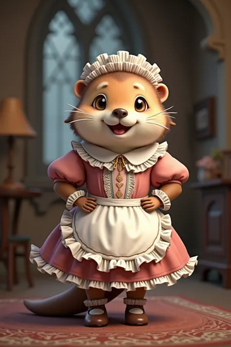 photorealistic portrait of Dressed animals - a ((fat)) chibi baby(otter) maid, (art by Giuseppe Arcimboldo:1.2),(full body image:1.5),(furry),(happy smile),(hands on hips:1.5), ,(intricate detailed (Lolita Fashion:1.5), highly detailed clothes ,ruffle head...