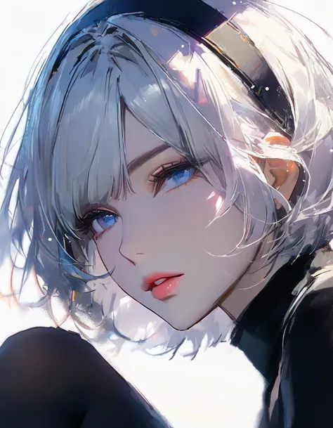 {(masterpiece,best quality, 16K portrait, UHD, extremely detailed the work, detailed beautiful face and eyes and skin and hair)} 
BREAK {(contour-emphasis),(rough sketch),(beautiful artwork)}  
BREAK {(1 YoRha-Type woman), (pale-off-white colored hair, sho...