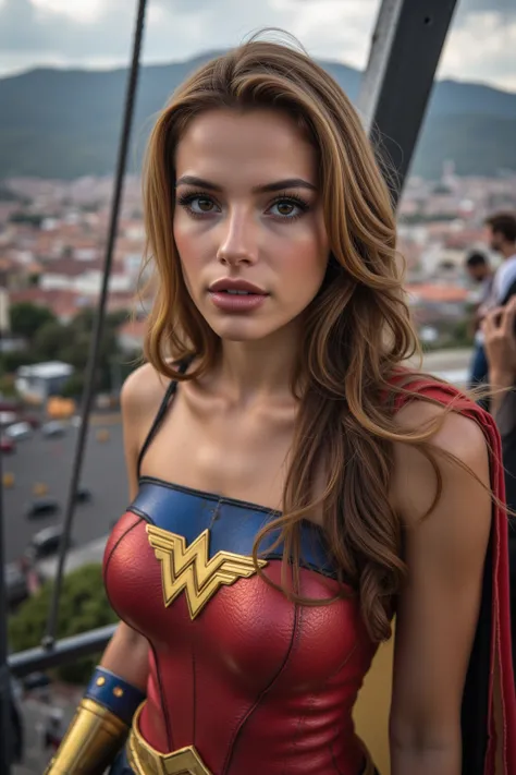 A stunning cinematic picture of the Beautiful young  girl dressed as caracter Wonder-Woman, Full body shot, from the front, looking at and talking with a camera, with her magic golden cord shining brightly, looking at the camera, ((high angle)), fish-eye l...