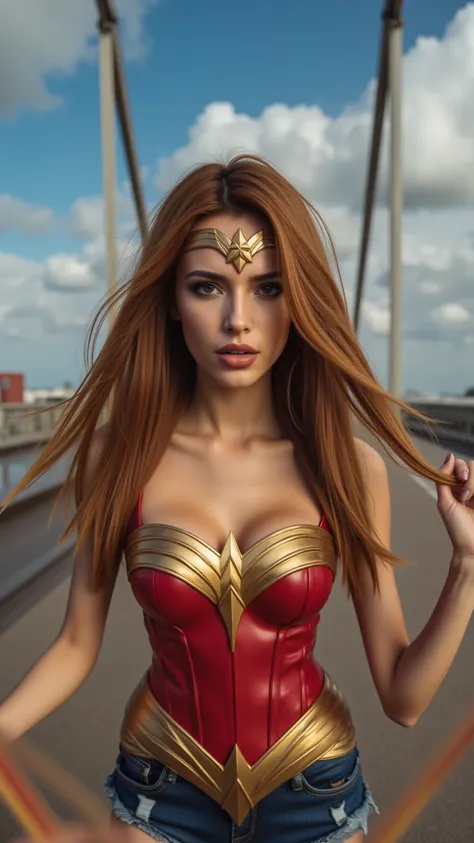 A stunning cinematic picture of the Beautiful young girl dressed as caracter Wonder-Woman, Full body shot, from the front, (skinny slim petite body, skinny athletic toned body), looking at and talking with a camera, with her magic golden cord shining brigh...