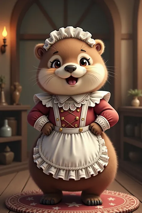 photorealistic portrait of Dressed animals - a ((fat)) chibi baby(otter) maid, (art by Carne Griffiths::1.2),(full body image:1.5),(furry),(happy smile),(hands on hips:1.5), ,(intricate detailed (Lolita Fashion:1.5), highly detailed clothes ,ruffle headban...