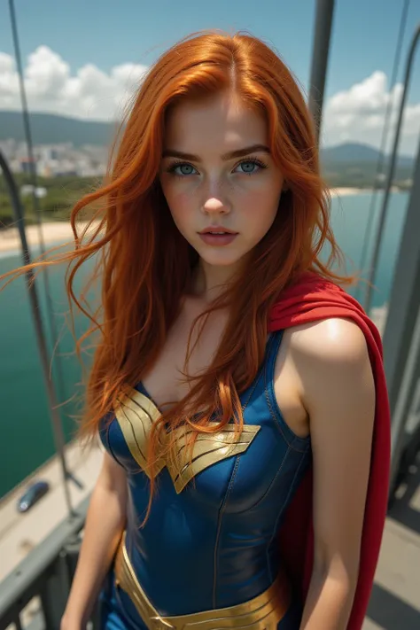 A stunning cinematic picture of the Beautiful young  teen girl dressed as caracter Wonder-Woman, Full body shot, from the front, looking at and talking with a camera, with her magic golden cord shining brightly, looking at the camera, ((high angle)), fish-...