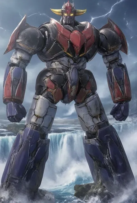  very realistic version of the modified Mazinger Z ,  is in a battle pose while leaning forward at 100 meters high　Attack from Niagara Falls　Bad weather being remodeled to Great Mazinger　storm　thunder　blast