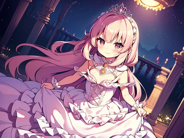 (solo), focus on character, kawaii, masterpiece, best quality, ultra detailed face, (rococo style gown), (long train pastel pink cape:1.15), (long train white ball gown:1.1), wide flared skirt, gown with flower decorations, (a girl is wearing a long cape o...