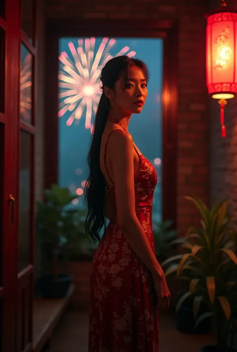 Underground Places、 mature woman standing with her back to camera:1 girl wearing an Luxury Chinese dress, 
smooth, Moisturized and firm skin,  beautiful Chinese dress with delicate patterns, 
A corner of the red-light district, dark background highlighting...