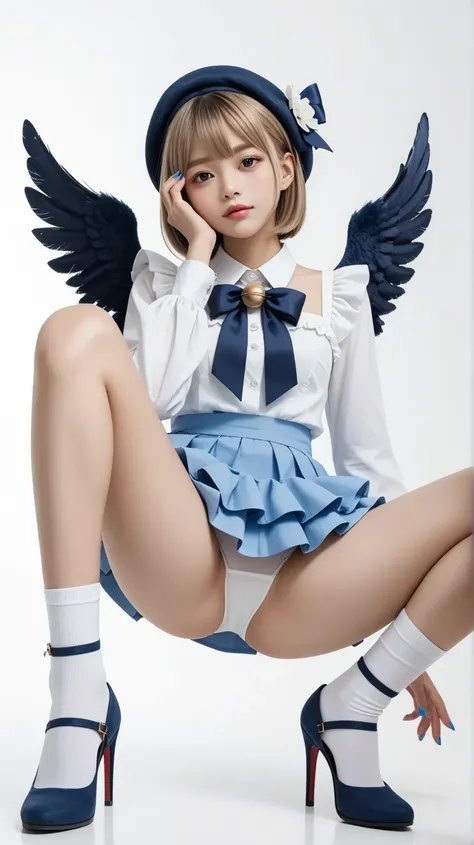 Uekura,  1 girl, Blonde,   white background,  has ,  mini skirt dress, Blue footwear, Wings,   simple background, signature, flower,  nail polish,  wide sleeve,  Long Sleeve, , animal, White Flower, Alone,  full body, bird,  viewers,  high heels,  white pa...