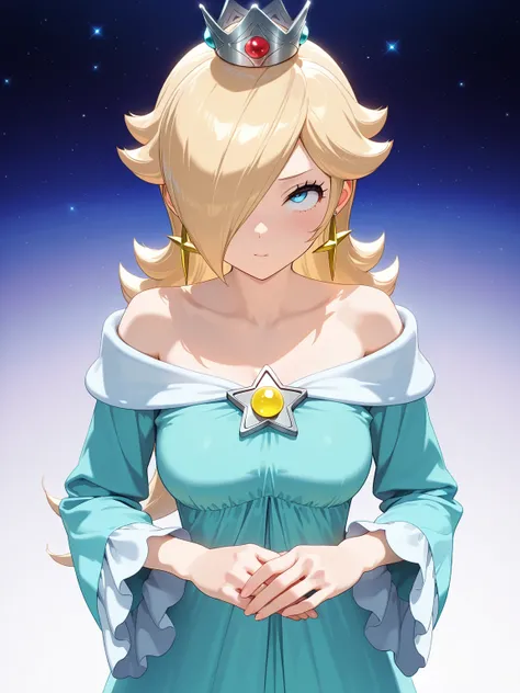 standing,
1girl, solo,looking at viewer,
(score_9, score_8_up, score_7_up, source_anime,masterpiece, best quality, anime screencap, anatomically correct,good hands,thick fingers),
rosalina, blonde hair, blue eyes, hair over one eye, long hair, 3d,
blue dre...