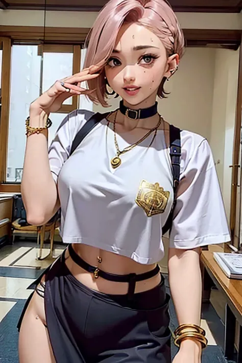 Big Breasts,  best quality , masterpiece, gold earrings ,, gold bracelet,( piercing above spo))、 necklace.、( a lot of sweat), necklace.(( belly button piercing )) masterpiece,  best quality ,, light pink lips ,,((( tea hair)))、 short hair while on a busine...