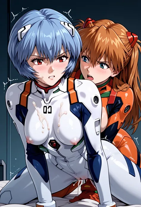 (Highest quality, High resolution), ((2girls)), ((rei ayanami fucking Soryu Asuka Langley:1.4)), futanari,ayanami rei, rei ayanami, ayanami rei, blue hair, short hair, red eyes, bodysuit, headgear, plugsuit, white bodysuit, sex, doggy style, Bukkake, (angr...