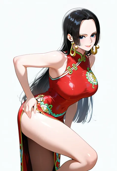 masterpiece, best quality, amazing quality, 1girl, Boa Hancock, one piece, blue eyes, black hair, long hair, Chinese cheongsam, beautiful legs, white legs, raising one leg, smile, cowboy shot, leaning forward, simple background, medium size boobs , golden ...