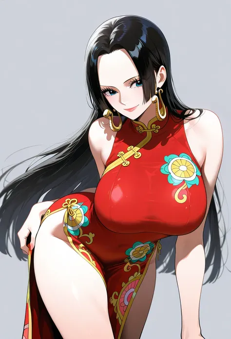 masterpiece, best quality, amazing quality, 1girl, Boa Hancock, one piece, blue eyes, black hair, long hair, Chinese cheongsam, beautiful legs, white legs, raising one leg, smile, cowboy shot, leaning forward, simple background, medium size boobs , golden ...