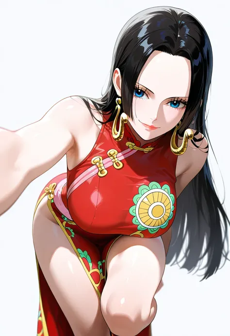 masterpiece, best quality, amazing quality, 1girl, Boa Hancock, one piece, blue eyes, black hair, long hair, Chinese cheongsam, beautiful legs, white legs, raising one leg, smile, close up shot, leaning forward, simple background, medium size boobs , golde...