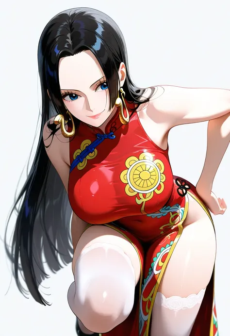 masterpiece, best quality, amazing quality, 1girl, Boa Hancock, one piece, blue eyes, black hair, long hair, Chinese cheongsam, beautiful legs, white legs, raising one leg, smile, extreme close up shot, leaning forward, simple background, medium size boobs...