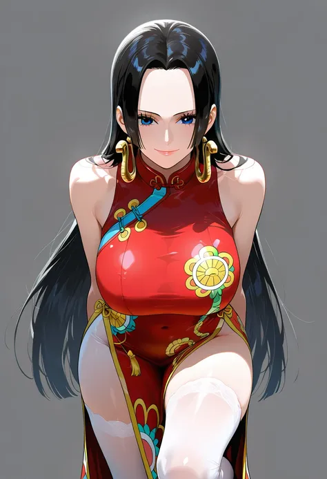 masterpiece, best quality, amazing quality, 1girl, Boa Hancock, one piece, blue eyes, black hair, long hair, Chinese cheongsam, beautiful legs, white legs, raising one leg, smile, close up shot, leaning forward, simple background, medium size boobs , golde...