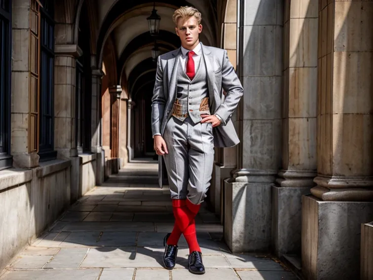 High quality full length photo image of a  blonde boy in vintage style   the boy is in traditional school uniform with red tie, grey waistcoat, navy blazer, smart grey short trousers, knee length grey socks, black shoes. he is getting a