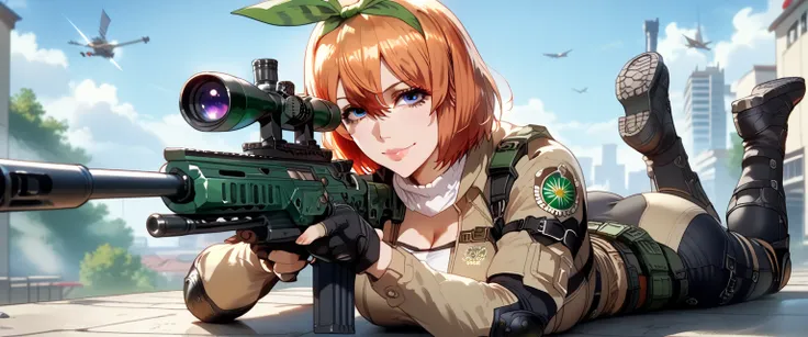 ultra-detailed, 1girl, mature female, yotsuba nakano, ((masterpiece)), (best quality), (highres), 16K, perfect face, bangs, short hair, blue eyes, hair between eyes, hair ribbon, hairband, orange hair, green ribbon, wearing tactical clothes, tactical belt,...