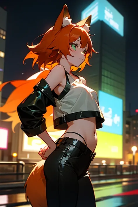 Suin,Fox ears,  girl,One small fox tail ,Medium hair,Slightly larger bust , orange hair, black leather jacket over a white tank top,  bottoms are oversized punk-style black leather pants, The belly button is revealed, the left side is red, and the right si...