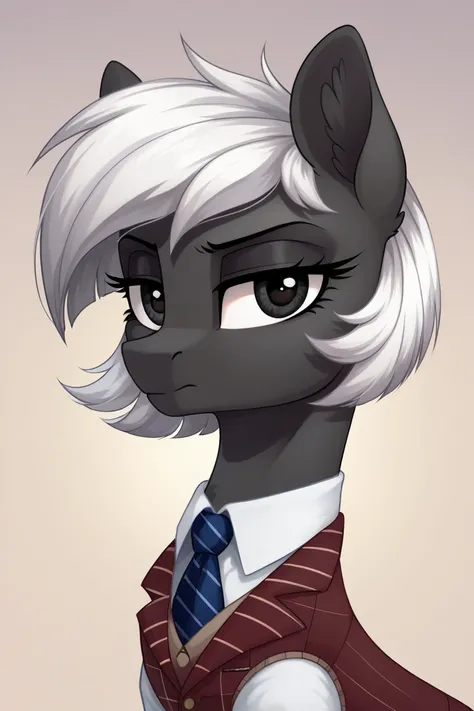 score_9, score_8_up, score_7_up, score_6_up, score_5_up, score_4_up, rating_safe, artist:mrscroup, pony, solo, fluffy white bob cut,  black eyes, white mane, clothes, vest, oc, oc only, serious face, beautiful, detailed background, portrait.