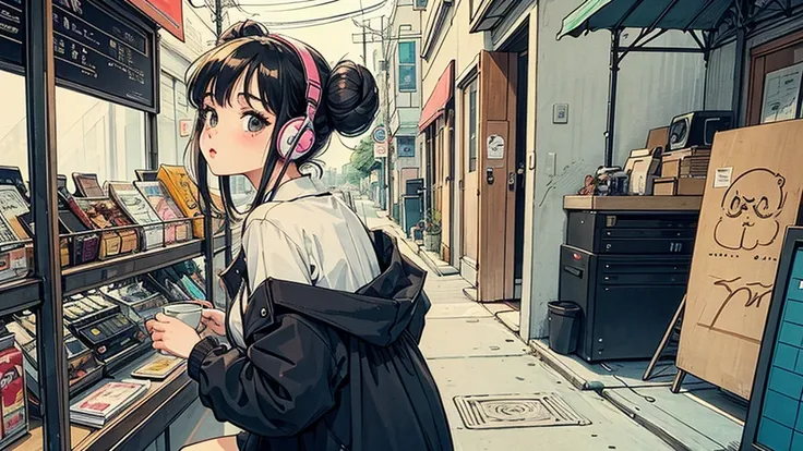  1 girl,   80s anime style, I have headphones on,  coffee, Retro,  LoFi,Hairstyle is one bun,21 years old, are turning around