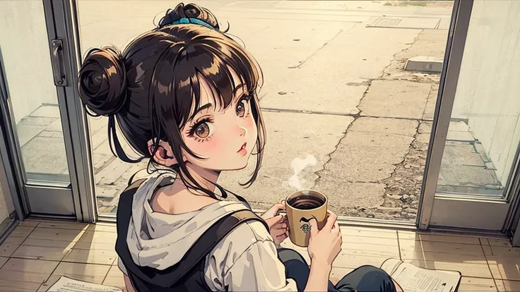  1 girl,   80s anime style, I have headphones on,  coffee, Retro,  LoFi,The hairstyle is one with the bun in a high position,21 years old, are turning around