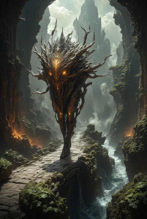  high fantasy、It shines brightly with magic 、 A dragon knight is walking on a stone bridge in a forest landscape with moss and a river。 overgrown with moss, a river has a waterway, and a waterfall flows 。Extremely delicate, majestic, and beautiful 、 high r...