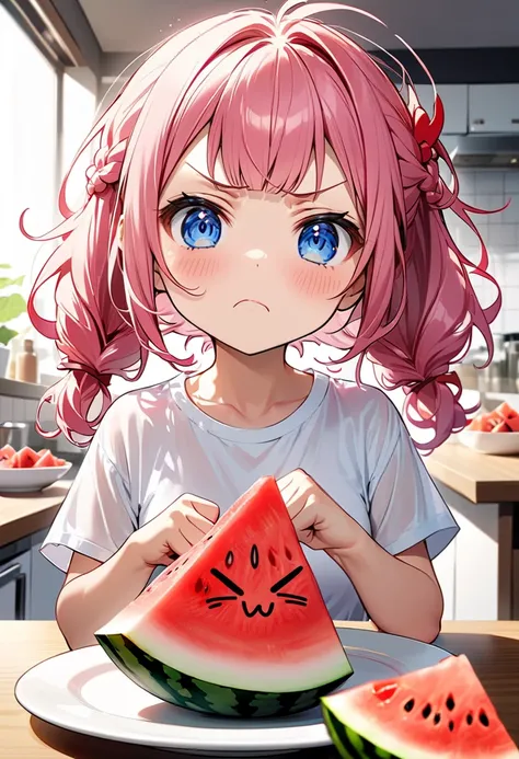 ( The background is the kitchen :1.5、( on the table １The plate :1.5、１The skin of a watermelon after each meal is on it))、(( dynamic pose:1.5、 motion blur has :1.5))、(( One Girl:1.5)、(( chibi、 chibiガール:1.5)))、Kindergarten student:1.5、 best quality 、 high re...