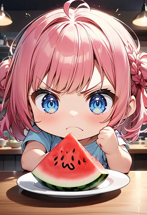 ( The background is the kitchen :1.5、( on the table １The plate :1.5、１The skin of a watermelon after each meal is on it))、(( dynamic pose:1.5、 motion blur has :1.5))、(( One Girl:1.5)、(( chibi、 chibiガール:1.5)))、Kindergarten student:1.5、 best quality 、 high re...