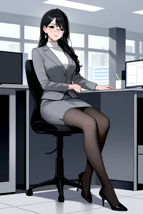 Medium height, mature lady, slender body, medium breast, black hair, long hair, black eyes, glasses, gray suits, black stockings, black high heels, in an office, beautiful mark on left cheek,