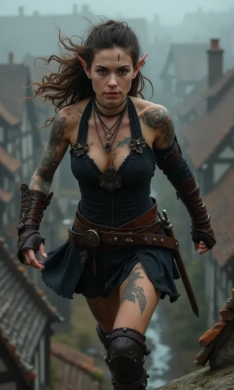 Medieval fantasy, young white elf woman, lots of tattoos, small pointy elf ears, messy brown hair, brown eyes, thick dark eyebrows, scar through eyebrow, freckles, athletic toned body, wearing  black leather rogue medieval clothes, brown leather arm guards...