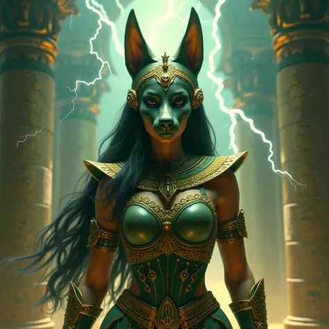 warrior girl, green and gold armor, Anubis head , lightning, portrait, lightning